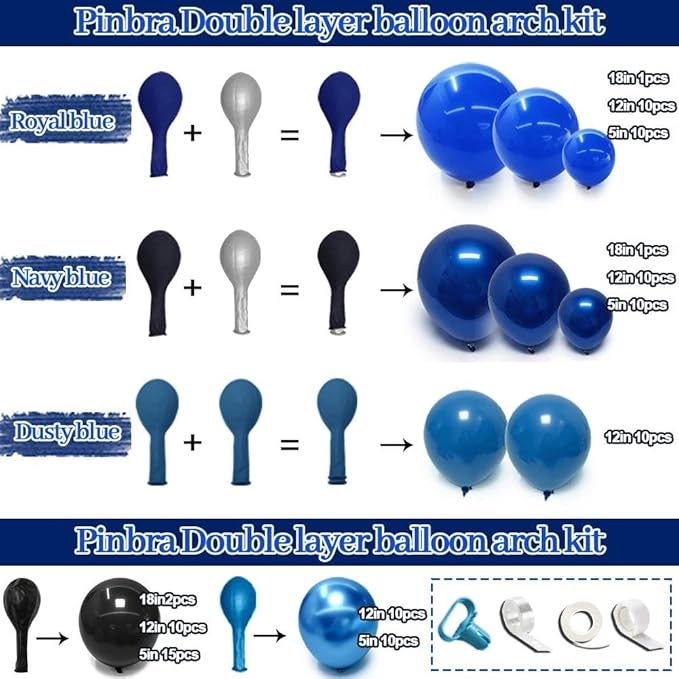 Blue Black Balloon Garland Double Stuffed Dark Royal Navy Blue Balloons Fringe Curtains, Foil Balloons, Birthday Banner Decorations for Men Birthday Baby Shower Father's Day Graduation Party Supplies