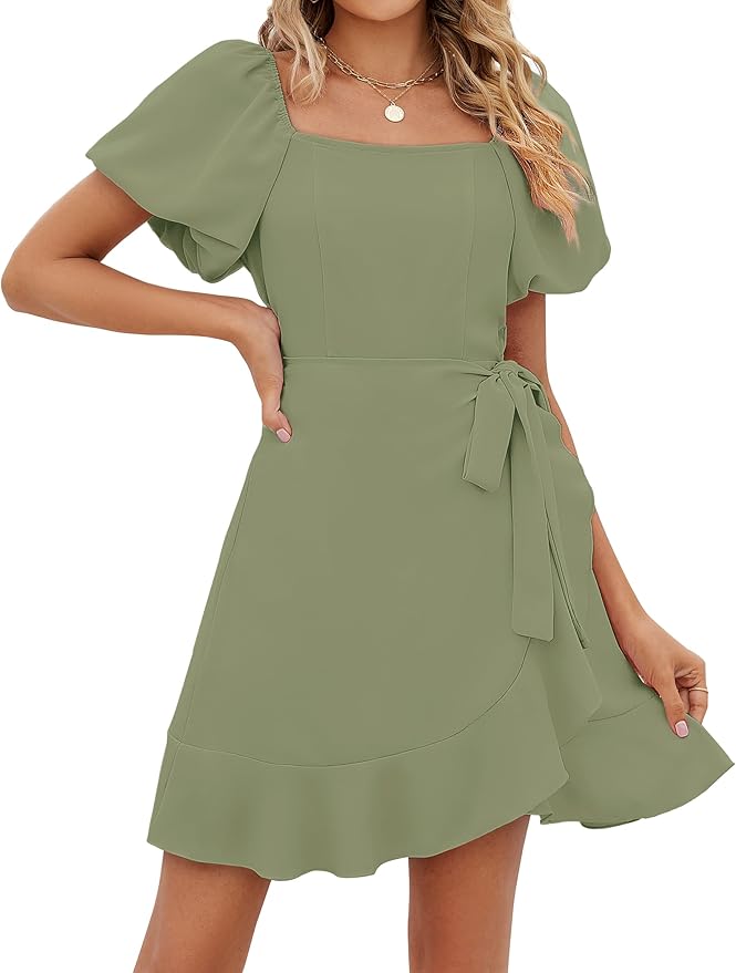 Sampeel Womens Summer Dresses Square Neck Puff Sleeve Tie Waist Short Dress