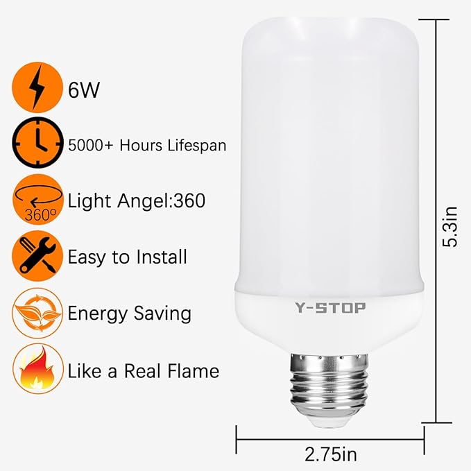 Y- STOP LED Flame Light Bulbs, Upgraded 4 Modes Fire Light Bulb with Upside Down Effect, E26 Base Flickering Light Bulb for Halloween Decorations, Christmas, Outdoor, Indoor, Home Decor, White, 2 Pack