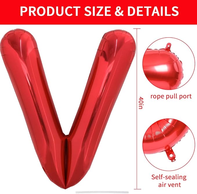 TONIFUL 40 Inch Large Bright Red Letter Balloons A-Z, Giant Jumbo Helium Foil Mylar Big Letter V Balloons for Birthday Party Anniversary Wedding Decorations