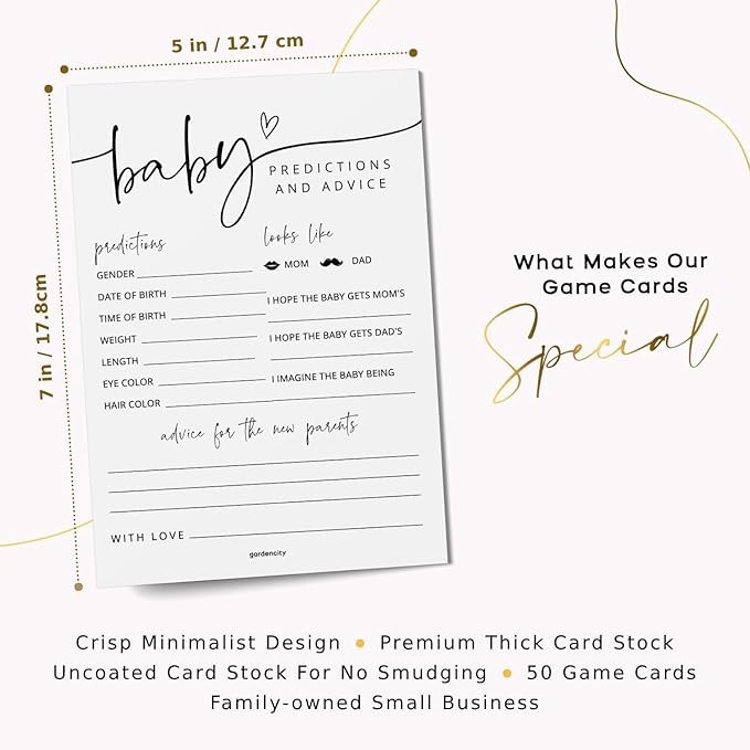 GardenCity 50 Large Baby Predictions Cards, Advice and Wishes, Fun Baby Shower Games for Boy or Girl, Gender Neutral - Minimalist