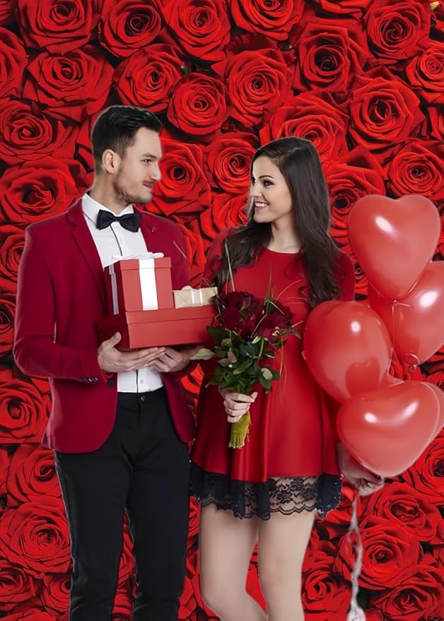 RUINI Red Rose Floral Wedding Photography Backdrop Rose Wall Valentines Day Wedding Bridal Shower Party Decorations Banner 6x8FT