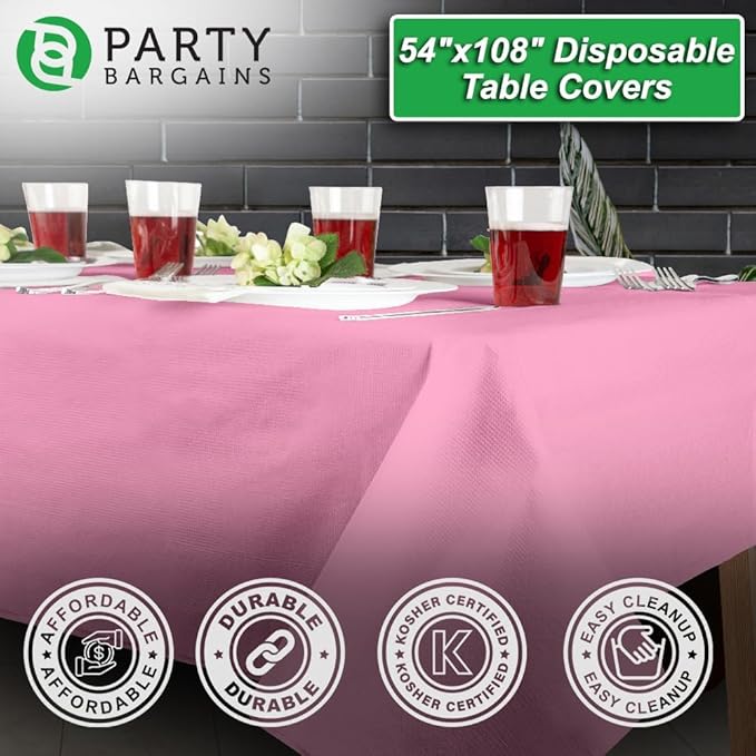 PARTY BARGAINS Disposable Table Covers, 54 x 108 Inch, Pink, 3-Ply Paper & Plastic Spill-Resistant Party Tablecloths, 10 Pack