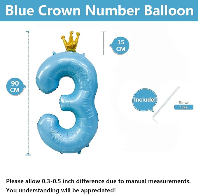 Blue Number 3 Balloon with Crown, 40 inch Blue Number Balloon 3rd Birthday Party Decoration BlueCrown Balloons 0-9 for Birthday Party Anniversary Decorations Supplies