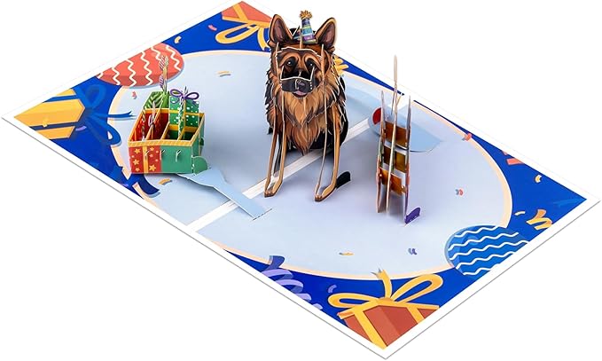 German Shepherd Dog Pop Up Happy Birthday Greeting Card, ideal love Gift for Adult and Kid with Blank Note & Envelope, Foldable Celebration for Daughter, Son, Mom, Dad, Friend, Children