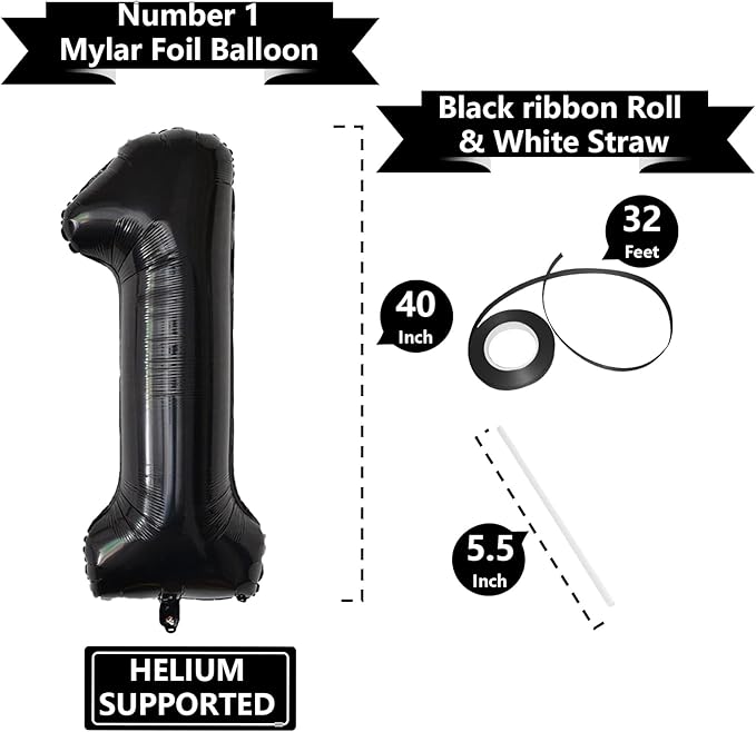 Number Balloons Black Party Balloon - Giant Number 1 Balloon, 40 Inch Large Balloon for Birthday Decorations, Black Party Supplies for Men Women