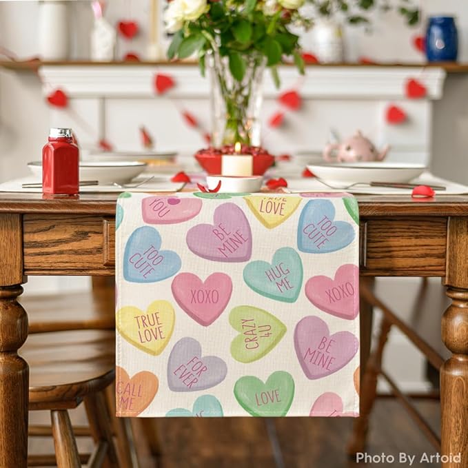 Artoid Mode Ture Love Heart Valentine's Table Runner, Seasonal Kitchen Dining Table Decoration for Home Party Decor 13x60 Inch