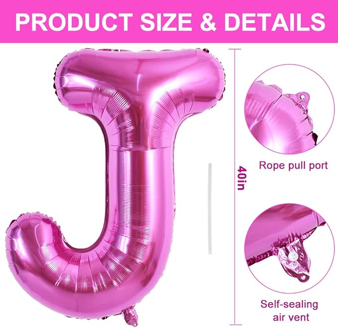 TONIFUL 40 Inch Large Rose Red Letter J Balloons, Giant Hot Pink Alphabet Letter Balloons,Birthday Party Anniversary Supplies Decorations