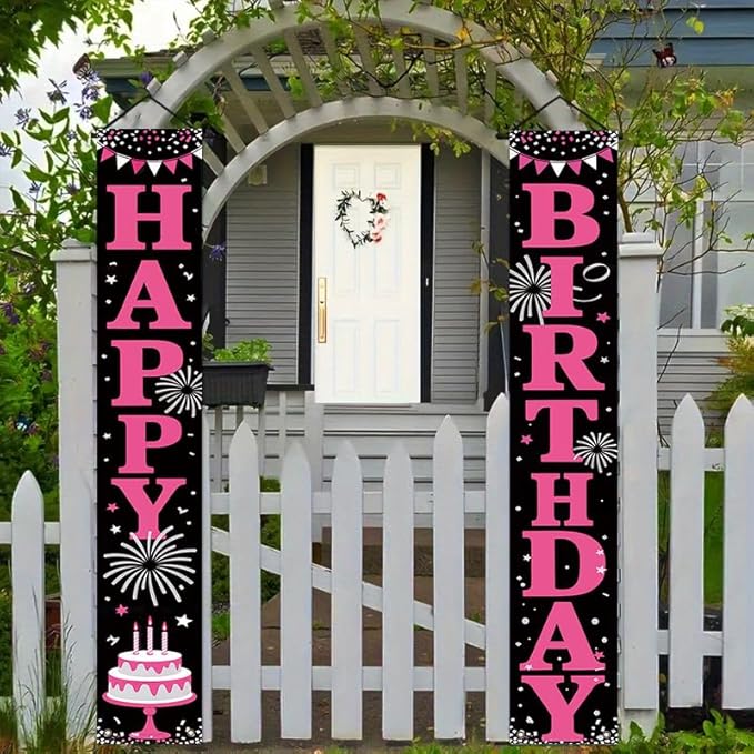 12x71 inch Birthday Party Porch Banner Durable pink and black fireworks cake design, suitable for indoor and outdoor hanging decorations for birthdays, anniversaries, or graduation ceremonies. Made of weather resistant polyester material, it is easy to...