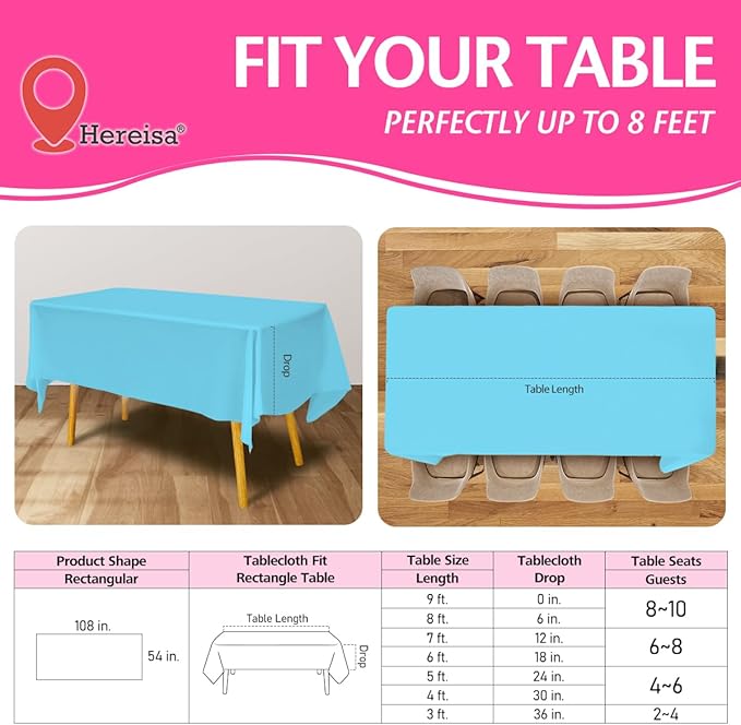 Disposable Plastic Tablecloth Light Blue 54x108 Inch, 5-Pack Waterproof Rectangular Table Cover for Parties, Picnics, Dining Protection