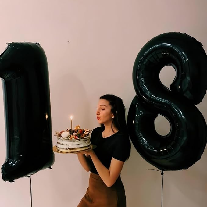 Large Black Mylar Foil 18th Birthday Balloons - 40 Inch Number 1 & 8 for Boys & Girls, Anniversary Party Decorations