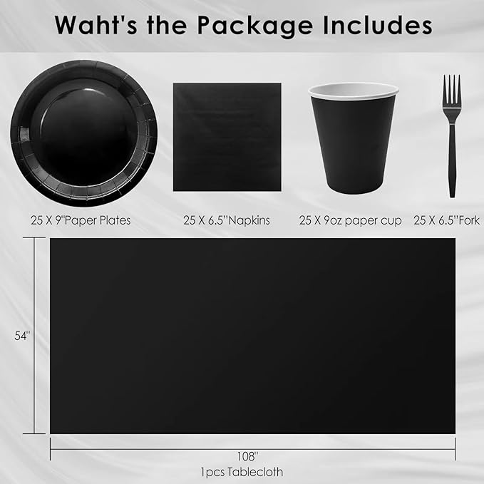 Severs 25 Guests Black Paper Plates 9 Inch,Bulk Black Paper Plates Cups Napkins and Tablecloth,Disposable Cake Plates Paper Plate Black for Birthday Wedding Party