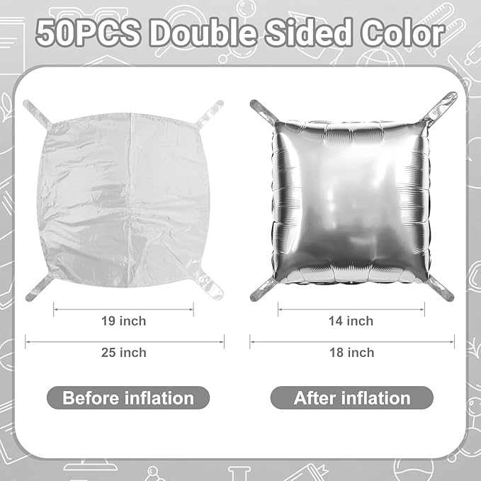 50 PCS Metallic Silver Square Foil Balloons Wall Backdrop 19'' Reusable DIY Mylar Balloon Tunnel Arch Kit for Birthday Engagement Bridal Baby Shower Graduation Bachelorette Party Decor
