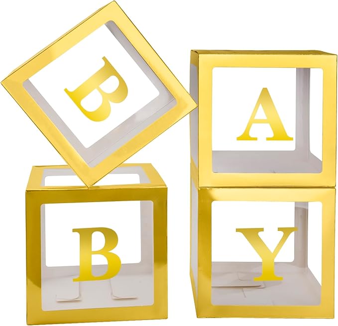 Baby Boxes with 4 PCS Letters for Baby Shower White Clear Balloon Box Blocks Gender Reveal Decorations and Birthday Party (Gold)