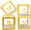Baby Boxes with 4 PCS Letters for Baby Shower White Clear Balloon Box Blocks Gender Reveal Decorations and Birthday Party (Gold)