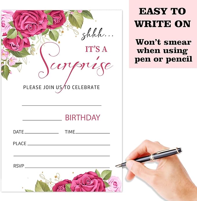Rose Floral Surprise Party Invitation Cards for Women Men, Surprise Birthday Invites for Adult, Party Supplies Favors, 20 Cards With 20 Envelopes -14
