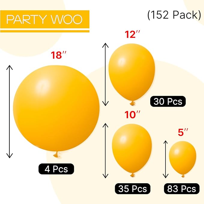 PartyWoo Mustard Yellow Balloons 152pcs Different Sizes of 18 12 10 5 Inch Yellow Fall Balloon Arch Kit for Birthday Engagement Baby Shower Bee Sunflower Little Cutie Party Decorations Yellow-Y10