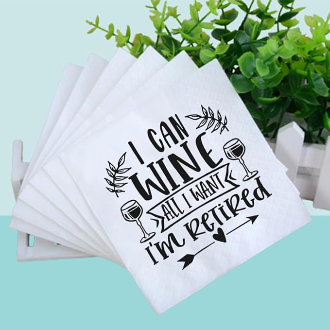 Retirement Cocktail Napkins Party Napkins Beverage Napkins Bar Napkins Disposable Paper Novelty Humorous Gag Gift 100Pcs 4.5 x 4.5 21-ply (I Can Wine All I Want I'm Retired)