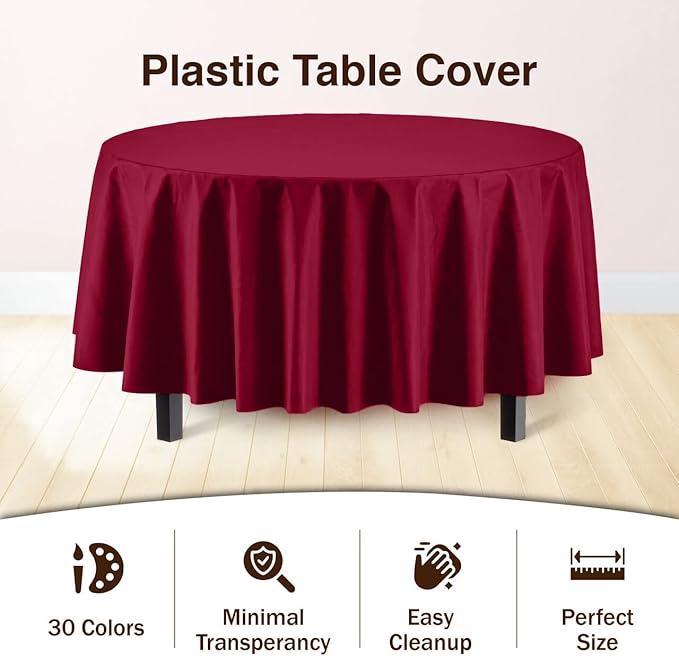 Exquisite 12-Pack Premium Plastic Tablecloth 12-Pack Premium Plastic 84-Inch Round Tablecloth, Burgundy