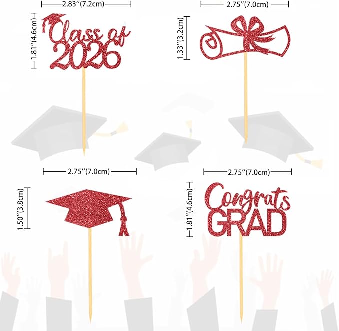 2026 Graduation Theme Cupcake Toppers Glitter Class of 2025 Graduation Cap Diploma Cupcake Picks - Set of 24 (Red2)