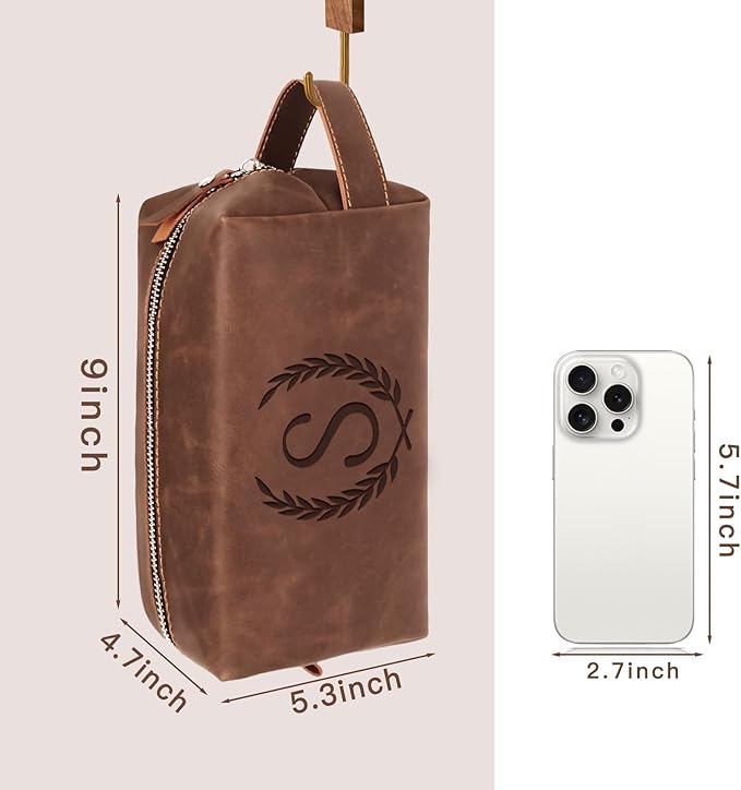 Personalized Gifts Travel Toiletry Bag for Men Engraved Initial PU Leather Waterproof Shaving Bag for Toiletries Accessories Fathers Day Birthday Gift for Men Dad Husband Son, Reddish Brown N