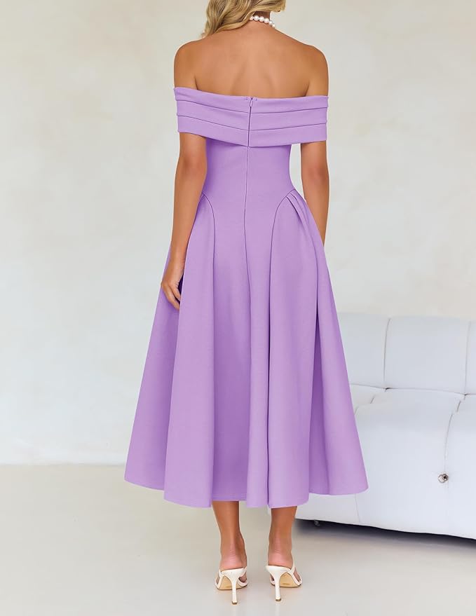 ZESICA Summer 2026 Cocktail Dresses for Women's Off Shoulder Short Sleeve Swing A Line Wedding Evening Party Midi Dress