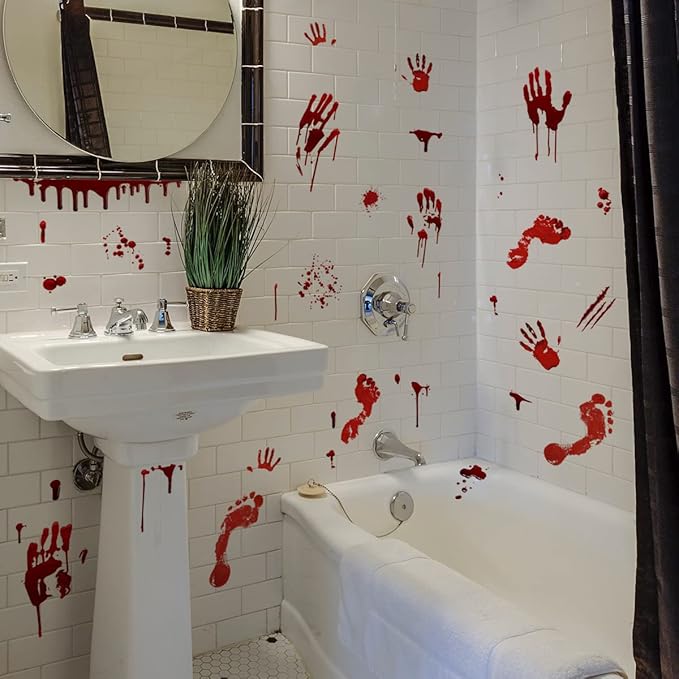 Halloween Decorations Set Bloody Backdrop Banner + Ghost Shadow Blood Footprint Handprint Floor Cling Decal for Bloody Party Spooky Zombie Vampire Party Supply Garage Yard Outdoor Indoor Decor