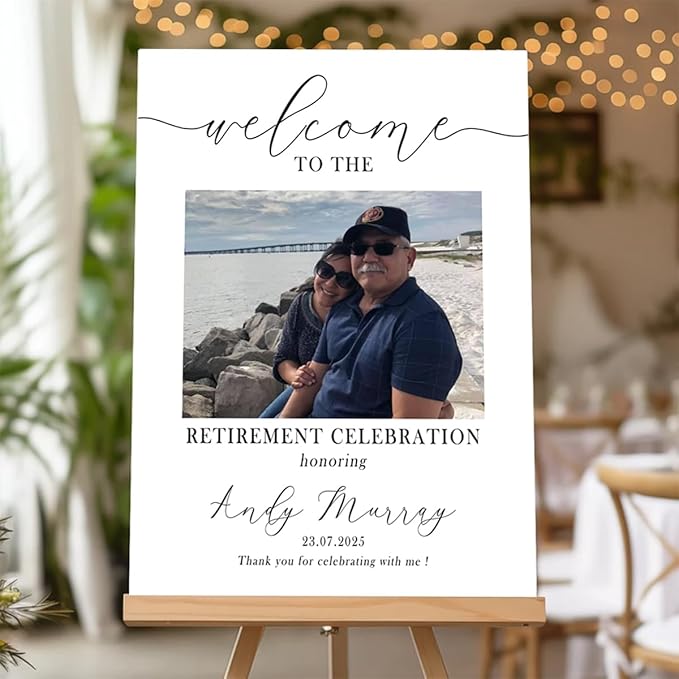Custom Modern Retirement Party Welcome Sign, Minimal with Photo Retirement Celebration Yard Sign, Elegant White Retired Party Decor, Customizable Name & Date - Multiple Sizes