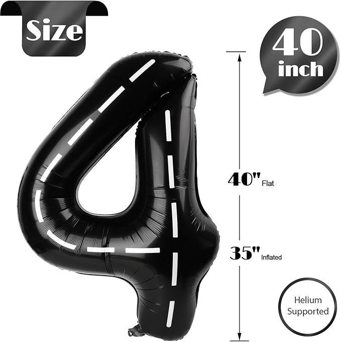 Race Car Number 4 Balloon 40 Inch, 4 Balloon Number, 4th Birthday Decorations, Race Car Party Supplies for Boys Girls