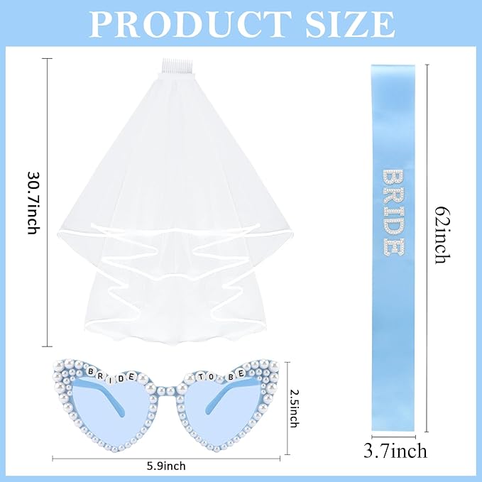 Bride to Be Set: Pearl-Trimmed Heart Sunglasses, Pearl BRIDE Sash & Tulle Veil - Bachelorette Party Bridal Accessories