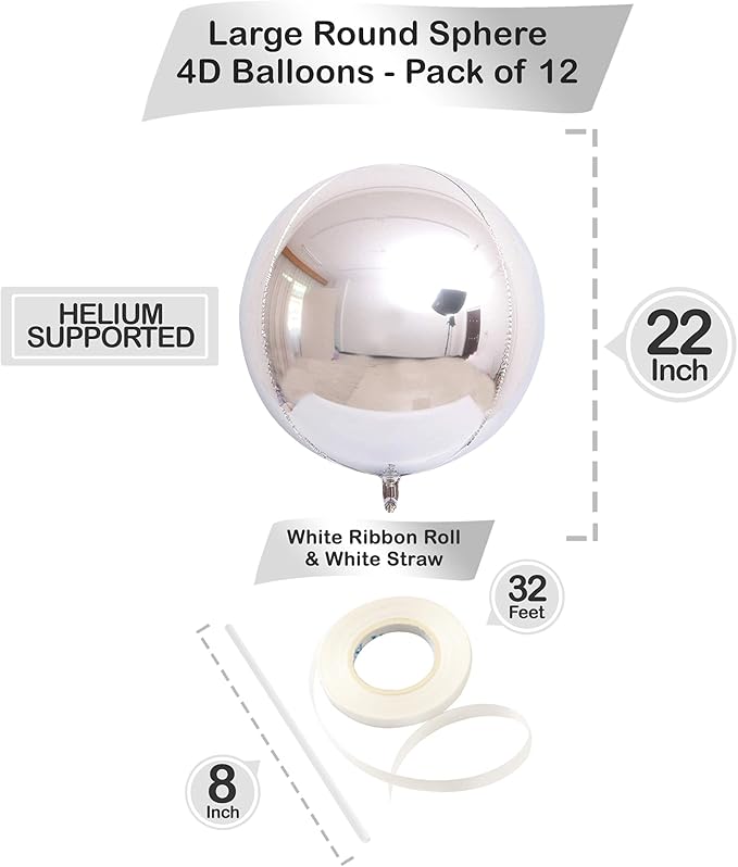 KatchOn, Huge Metallic Silver Balloons - 22 Inch, Pack of 12 | 4D Round Mylar Balloons for Silver Party Decorations, Birthday Party, Graduation Decorations 2026, Wedding, Engagement