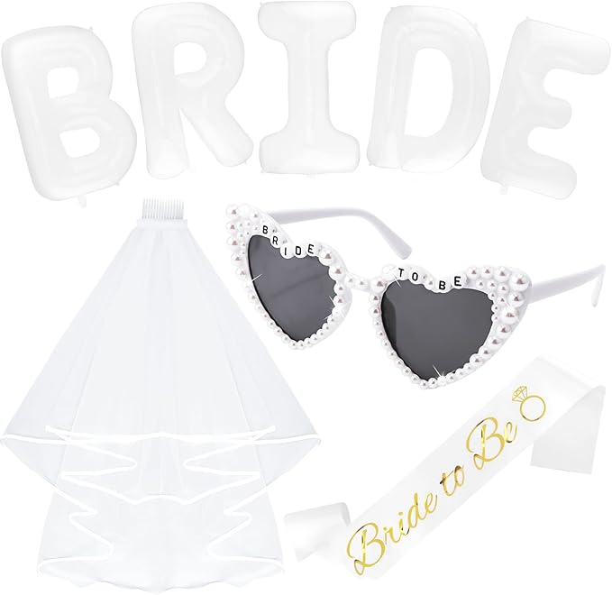 40-Inch BRIDE Balloon & Bridal 4-Piece Set: Bride to Be Pearl Sunglasses, Sash & Veil - Bachelorette Party Decor for Bridal Shower & Wedding Celebrations