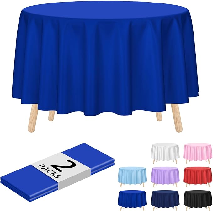 Kopokita 2 Pack Royal Blue Round Disposable Plastic Tablecloths 84 inch Party Table Covers