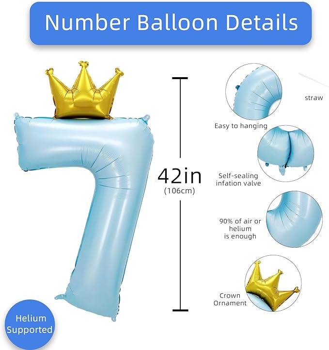 AULE 40 Inch Big Light Blue 7 Balloon Number with Crown Large Foil Helium Number Balloons 0-9 Jumbo Giant Happy 7th Birthday Party Decorations Huge Mylar Anniversary Party Supplies