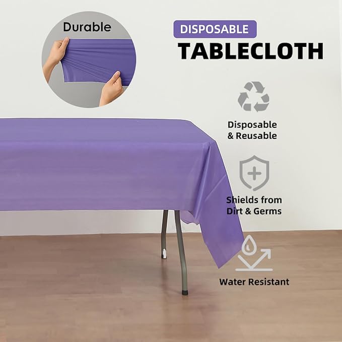 Craft And Party 12-Pack Purple Plastic Tablecloths – 54 x 108 Inch Disposable Table Covers for Rectangle Tables, Heavy Duty & Waterproof for Parties, Events, Banquets, Purple