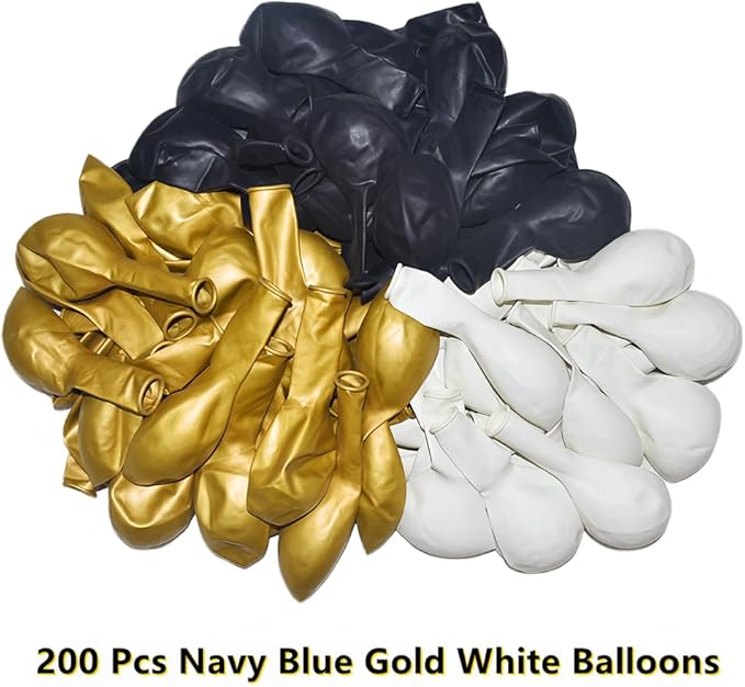 200 Pcs Navy Blue Gold and White Balloons 12 Inch Latex Metallic Chrome Balloon Arch Garland Kit for Birthday Wedding Bridal Baby Shower Supplies Graduation Party Decorations