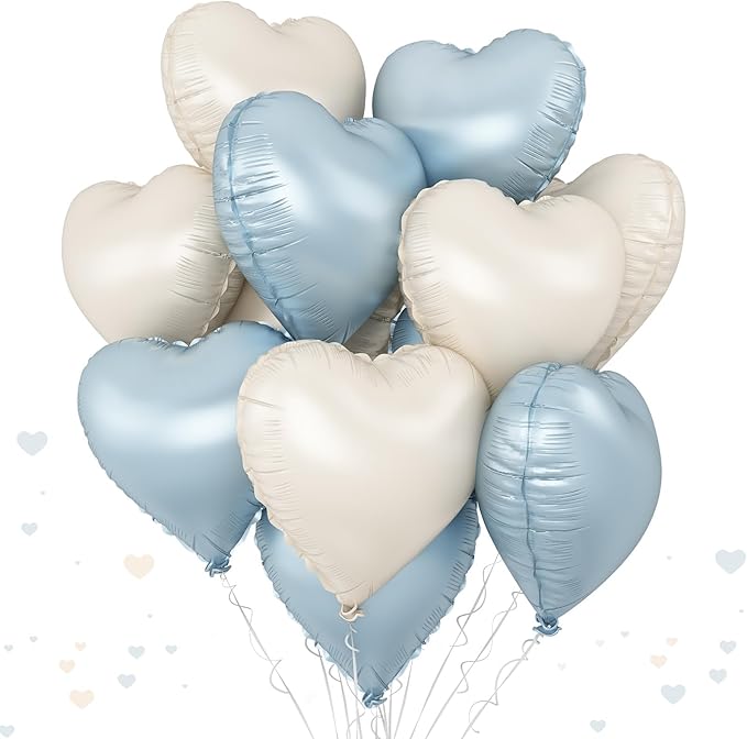 Blue White Heart Balloons, 18 Inch Baby Blue Cream Foil Heart Balloons, 10PCS Light Blue Nude Heart Shape Balloons Blue Helium Balloons for Boys Men Birthday Baby Shower Valentines Graduation