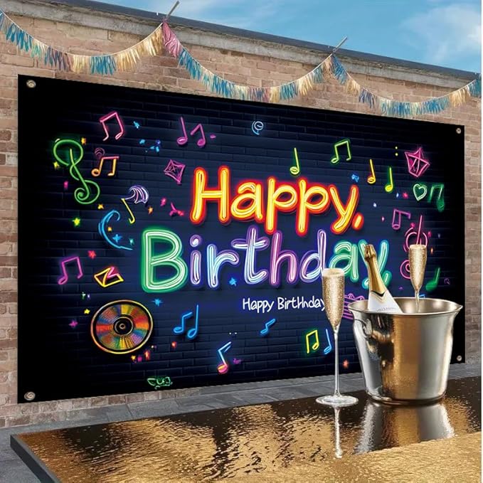 large 71x43 inch neon effect birthday porch banner suitable for indoor/outdoor birthday party decoration, with colorful music symbols, waterproof fabric suitable for terrace, courtyard, home and event decoration