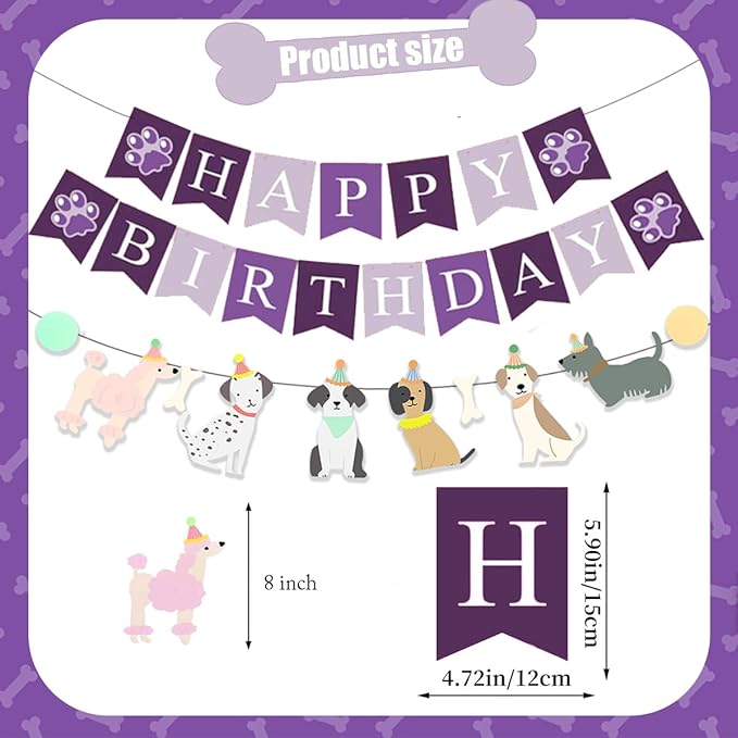 Dog Themed Puppy Paw Happy Birthday Banner for Boys Girls DIY Party Supplies (Colours+Purple)