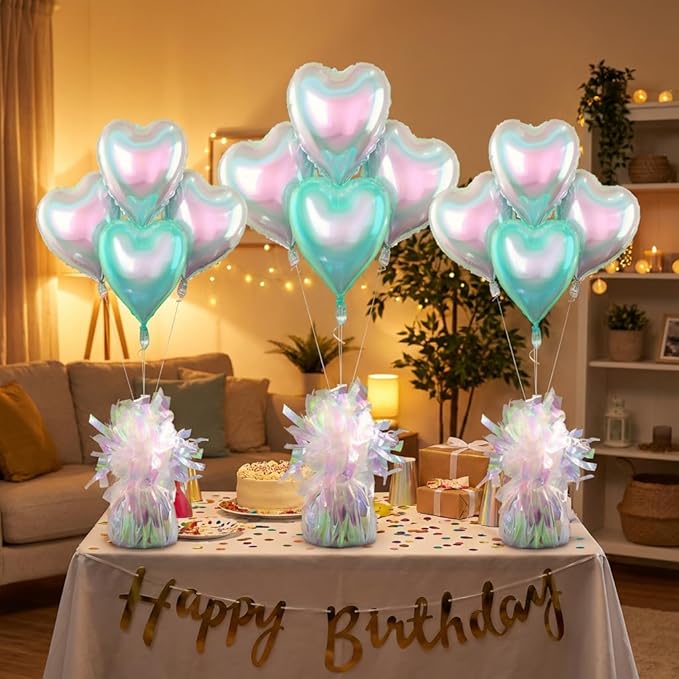 Aluminum Foil Balloon Weights for Parties (24 pcs) - 0.31lb (140g) Each - Premium Balloon Anchors for Birthday, Wedding, Dinner, Indoor & Outdoor Decorations(Lridescent 24pcs)