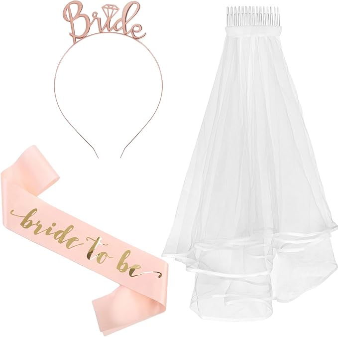 FOIMAS Bride To Be Veil Sash Set,Rose Gold Sash with Headband for Bridal Shower Bachelorette Party Wedding Engagement Party Accessories