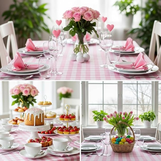 10PCS Premium Plastic Pink&White Checkered Tablecloths, 54*108inch Large Disposable Tablecover for Gatherings, Thickened Rectangle Table Decoration for Picnic, Barbecue,Dinner, Party Supplies Bulk