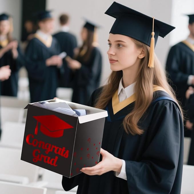 Graduation Card Box Holder, Congrats Grad Foldable Cardboard Decorations Box for Graduation Party Decoration and Grad Parties (Black-red)
