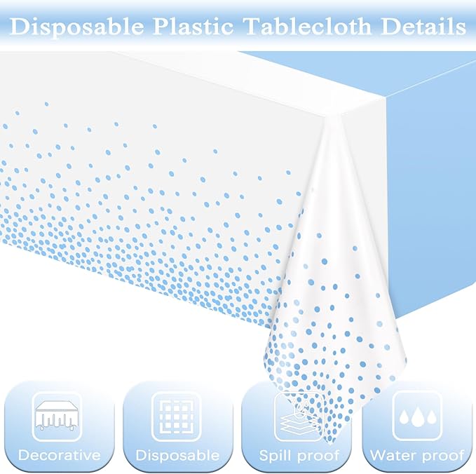 WNINK 2 Pack White and Light Blue Tablecloths, Light Blue Disposable Plastic Waterproof Table Cover, 54" x 108", for Birthday, Baby Shower，Wedding, Bridal Shower, Picnic Camping Parties