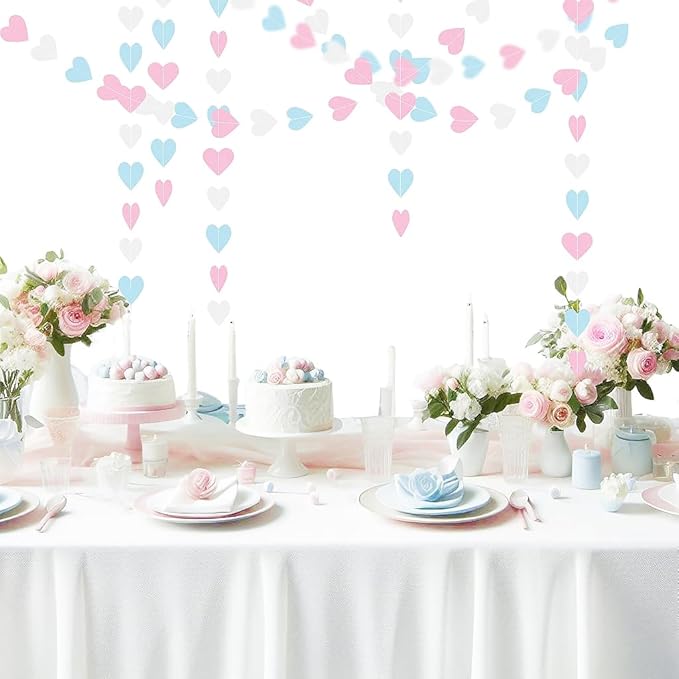 Blue Pink White Party-Decorations Gender-Reveal - 52Ft Paper Heart Garland Streamer Banner Birthday Decorations Baby Shower Decorations Gender Neutral Decorations Bridal Wedding HongTongTong