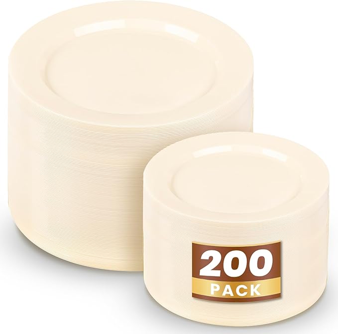 WDF 200PCS Ivory Plastic Plates - Elegant Ivory Disposable Plates for Party- Include 100 Dinner Plate 10inch and 100 Plastic Dessert Plate 7inch Perfect for Party Baby Shower Wedding Spring