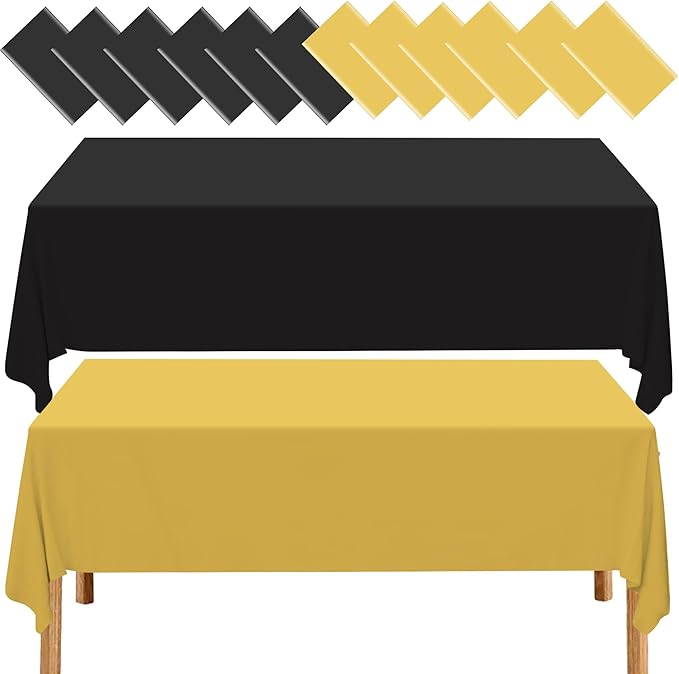 12 Pack Black and Gold Plastic Tablecloths, 54 x 108 Inch Disposable Rectangle Waterproof Table Covers for Graduation Birthday Wedding Party Decorations