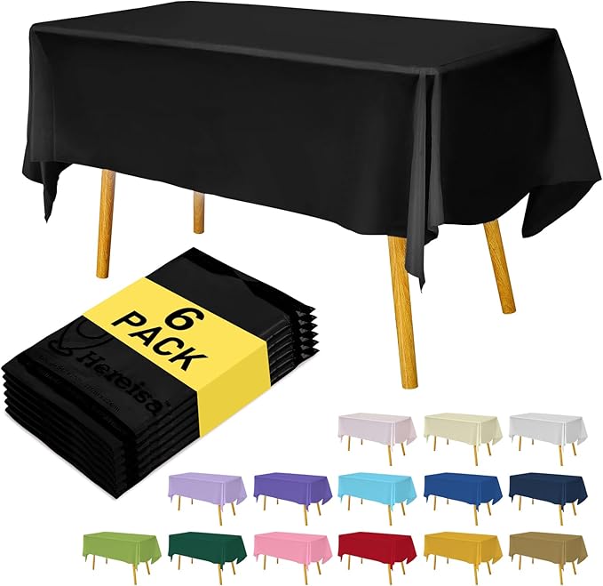 Black 6 Pack Plastic Table Cloth 54" x 108", Disposable Tablecloths Rectangle Table Cover, Plastic Table Cloths for Parties