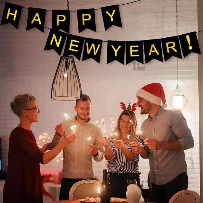 Happy New Year 2026 Banner - Black & Gold Sign For New Year's Eve Decorations, Nye Eve Party Supplies Decorations, 2026 Nye Decorations, 2026 Nye Sign