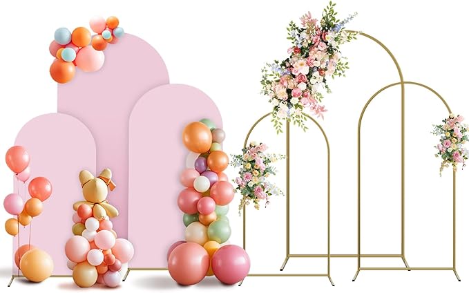 Arch Backdrop Stand and Cover Set, 3 Metal Balloon Arch Backdrop 4ft 5ft 6ft, Gold Arched Stand Frame for Wedding, Parties,Birthday, Event Decorations (Pale Pink,4ft+5ft+6ft)